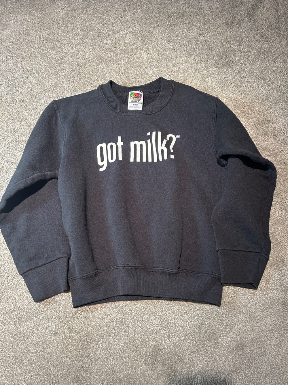 Fruit of the Loom Black Crewneck Sweatshirt with White "got milk?" Print